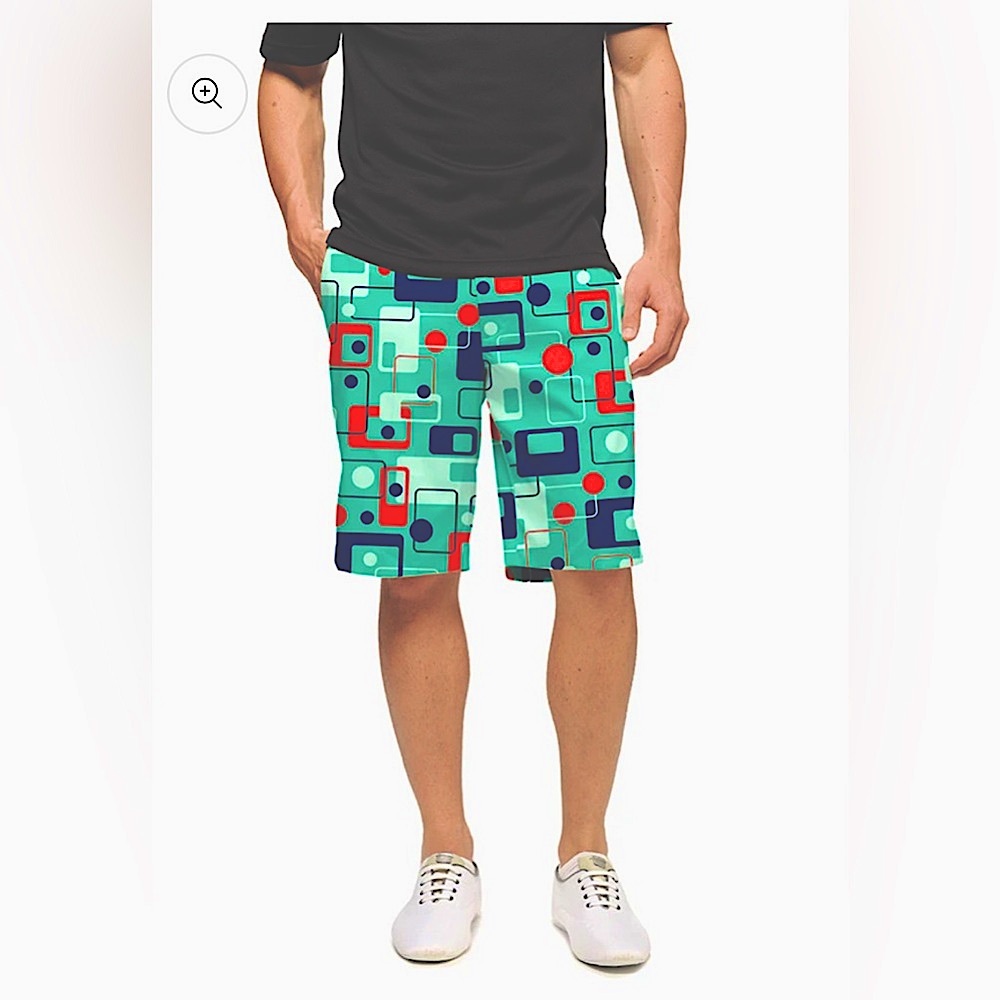 LOUDMOUTH 8 TRACK HERITAGE GOLF PERFORMANCESHORTS GEOMETRIC PRINT TEAL RED 32